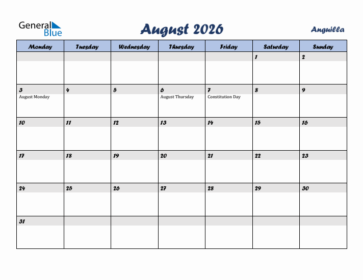 August 2026 Calendar with Holidays in Anguilla