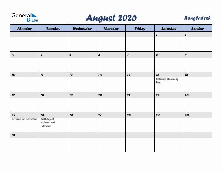 August 2026 Calendar with Holidays in Bangladesh