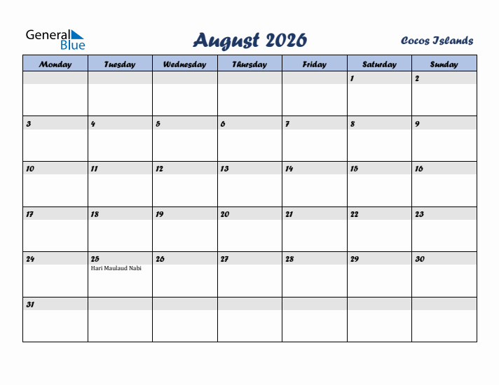 August 2026 Calendar with Holidays in Cocos Islands