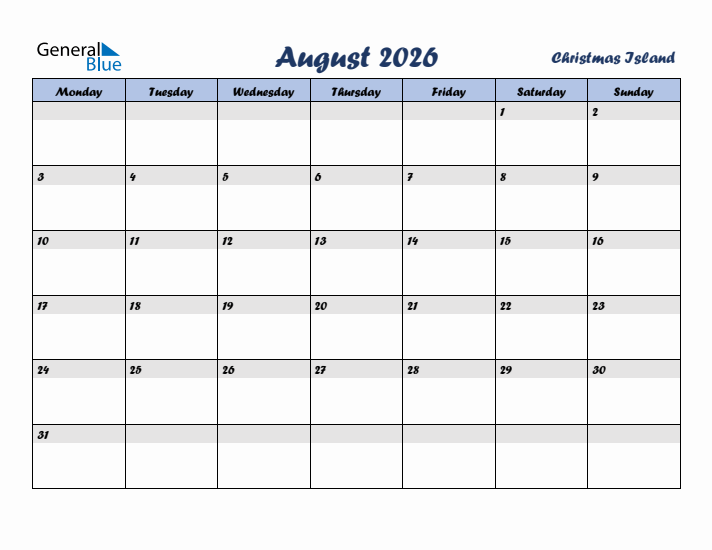 August 2026 Calendar with Holidays in Christmas Island