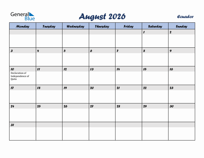 August 2026 Calendar with Holidays in Ecuador