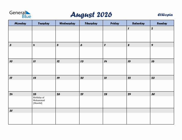 August 2026 Calendar with Holidays in Ethiopia