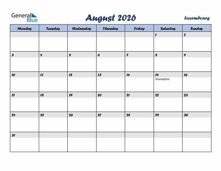 August 2026 Calendar with Holidays in Luxembourg