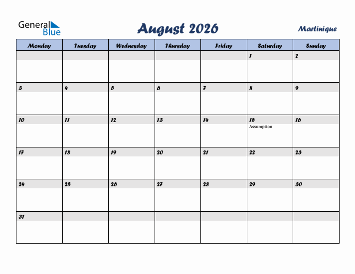 August 2026 Calendar with Holidays in Martinique