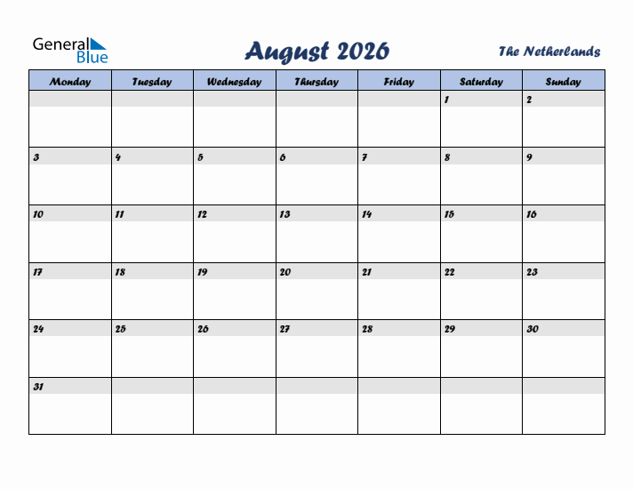 August 2026 Calendar with Holidays in The Netherlands