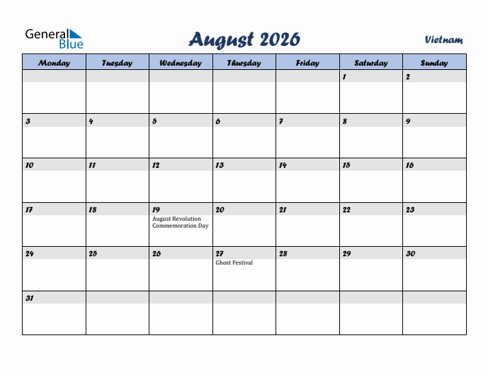 August 2026 Calendar with Holidays in Vietnam