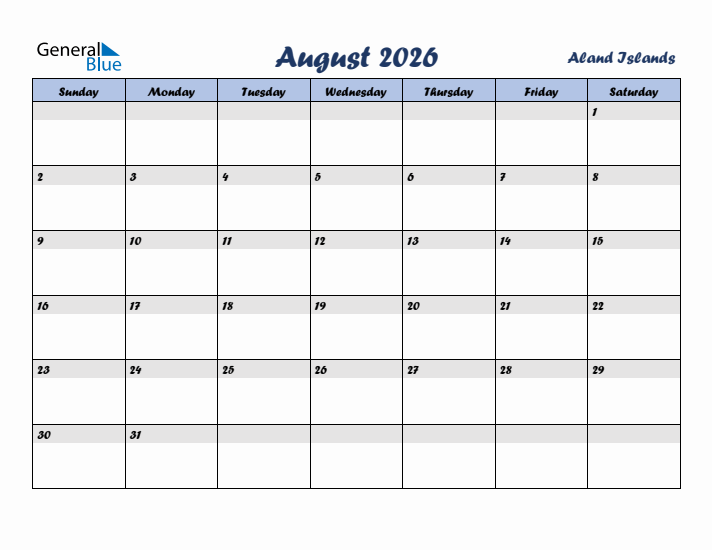 August 2026 Calendar with Holidays in Aland Islands