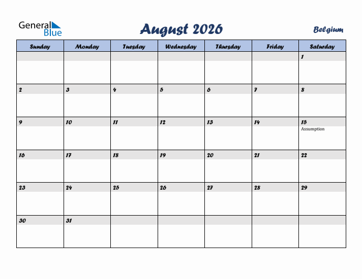 August 2026 Calendar with Holidays in Belgium