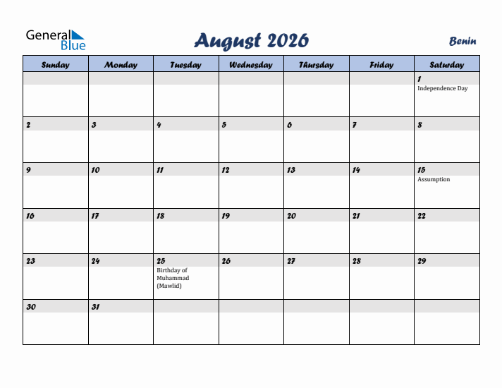 August 2026 Calendar with Holidays in Benin