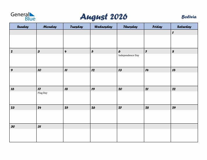 August 2026 Calendar with Holidays in Bolivia