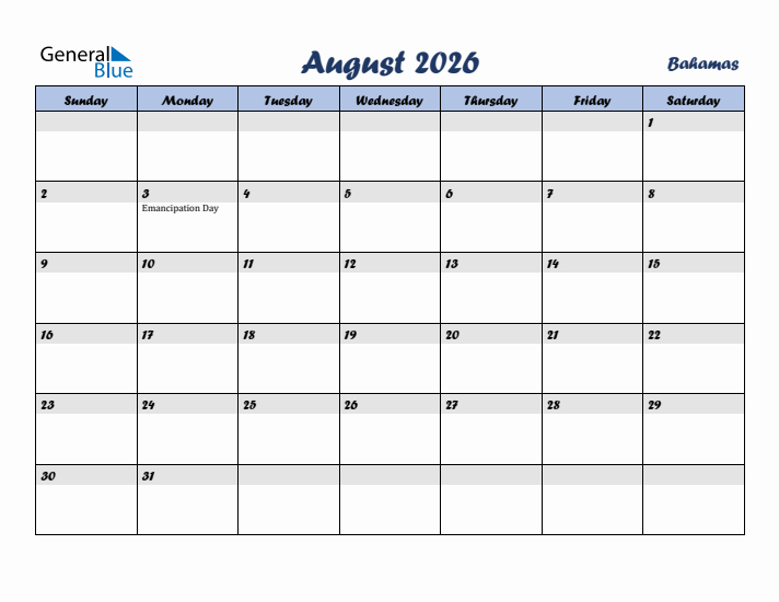 August 2026 Calendar with Holidays in Bahamas