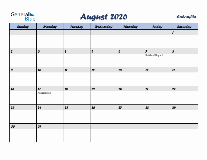 August 2026 Calendar with Holidays in Colombia