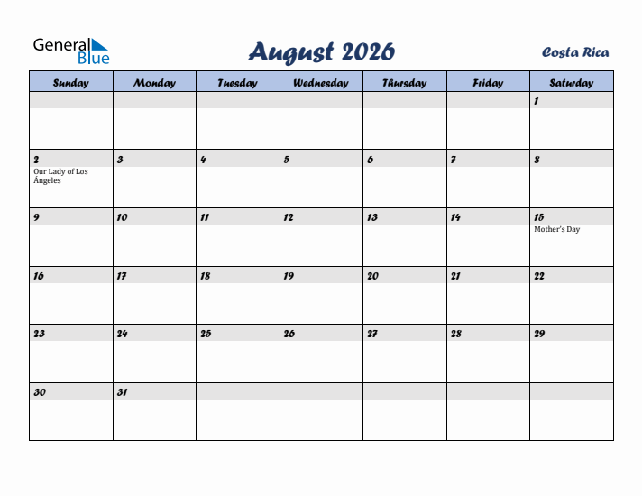 August 2026 Calendar with Holidays in Costa Rica