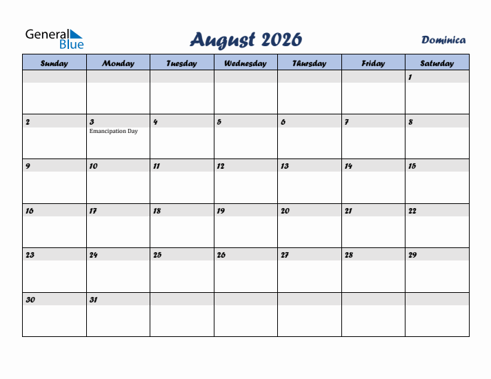 August 2026 Calendar with Holidays in Dominica