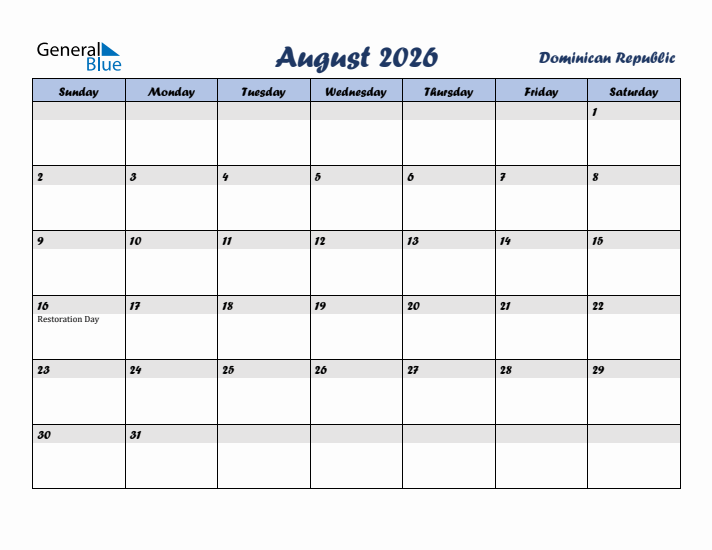 August 2026 Calendar with Holidays in Dominican Republic