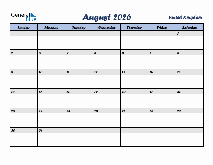 August 2026 Calendar with Holidays in United Kingdom