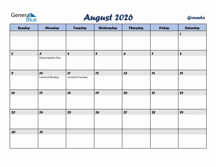 August 2026 Calendar with Holidays in Grenada