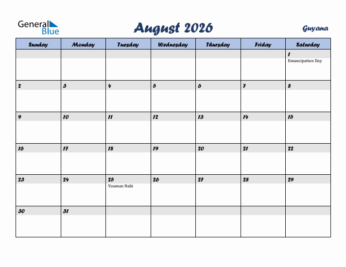 August 2026 Calendar with Holidays in Guyana