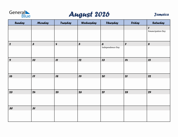 August 2026 Calendar with Holidays in Jamaica