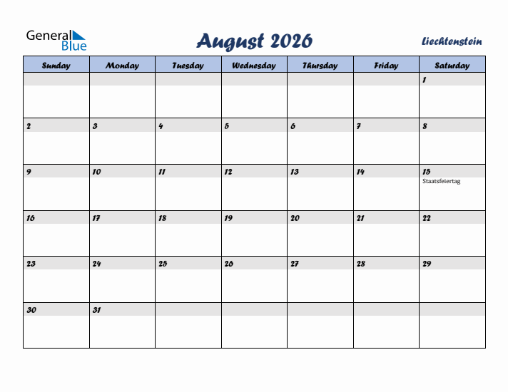 August 2026 Calendar with Holidays in Liechtenstein