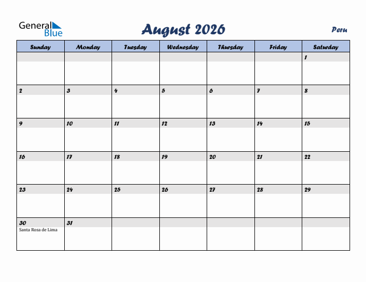 August 2026 Calendar with Holidays in Peru