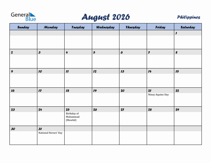 August 2026 Calendar with Holidays in Philippines