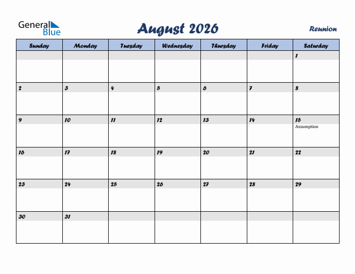 August 2026 Calendar with Holidays in Reunion