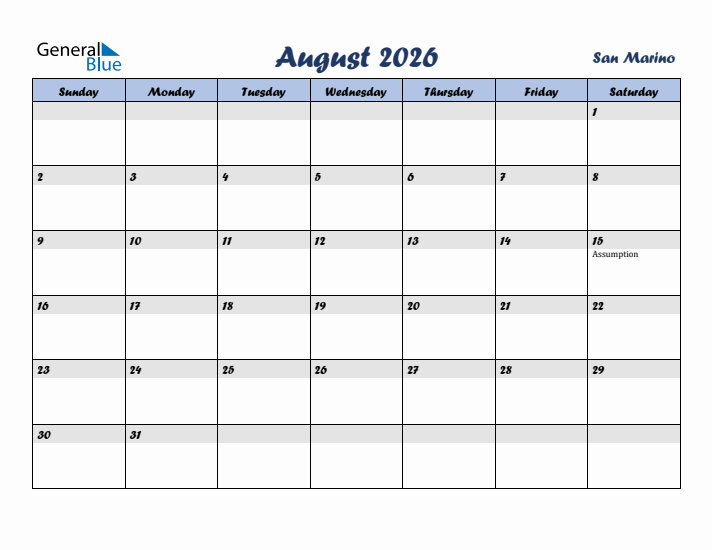 August 2026 Calendar with Holidays in San Marino