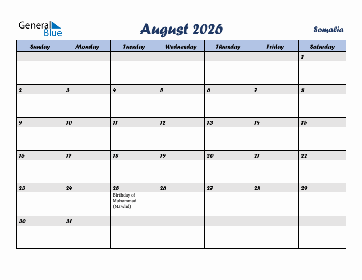 August 2026 Calendar with Holidays in Somalia