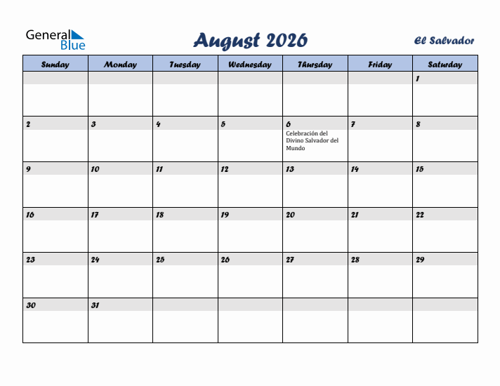 August 2026 Calendar with Holidays in El Salvador