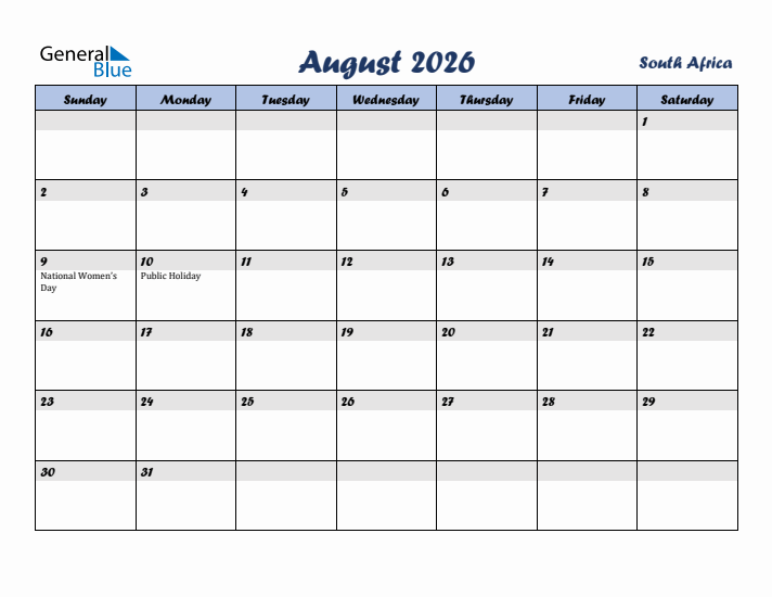 August 2026 Calendar with Holidays in South Africa