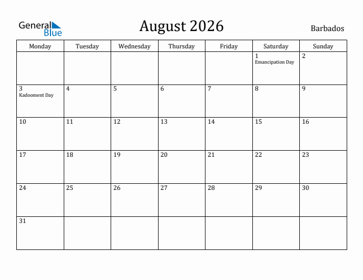 August 2026 Calendar Barbados