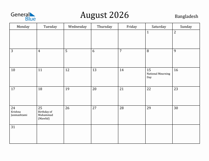 August 2026 Calendar Bangladesh