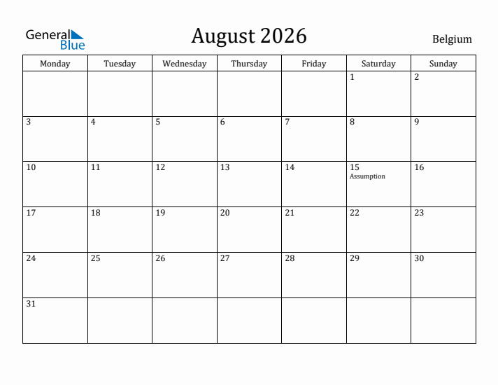 August 2026 Calendar Belgium