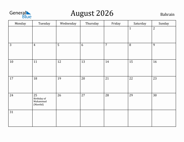 August 2026 Calendar Bahrain