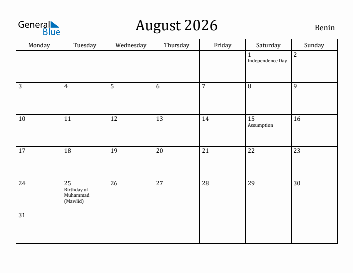 August 2026 Calendar Benin