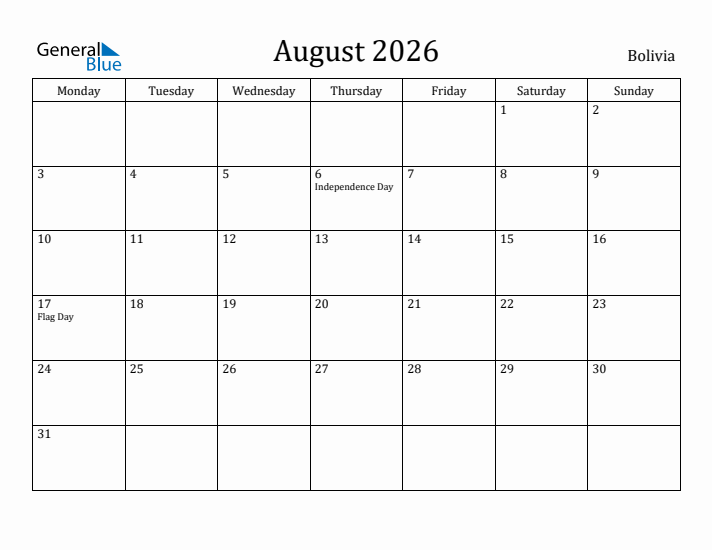 August 2026 Calendar Bolivia