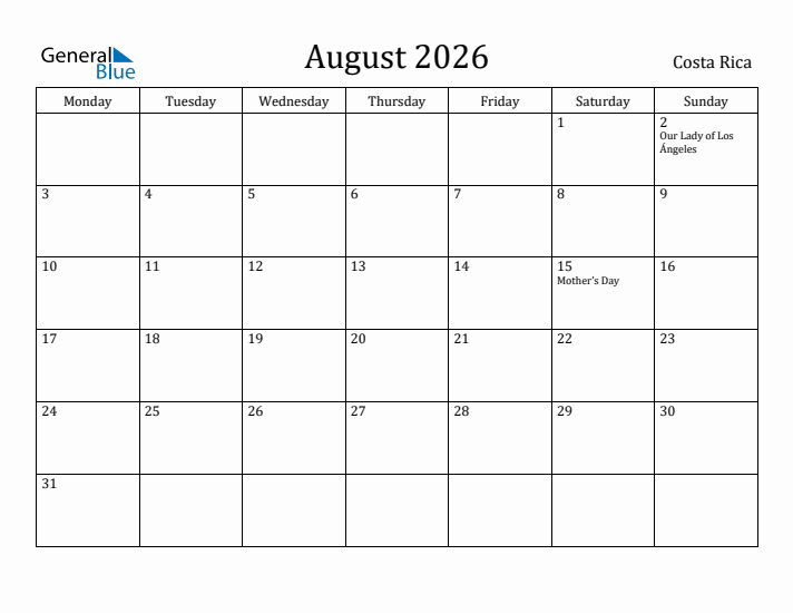 August 2026 Calendar Costa Rica