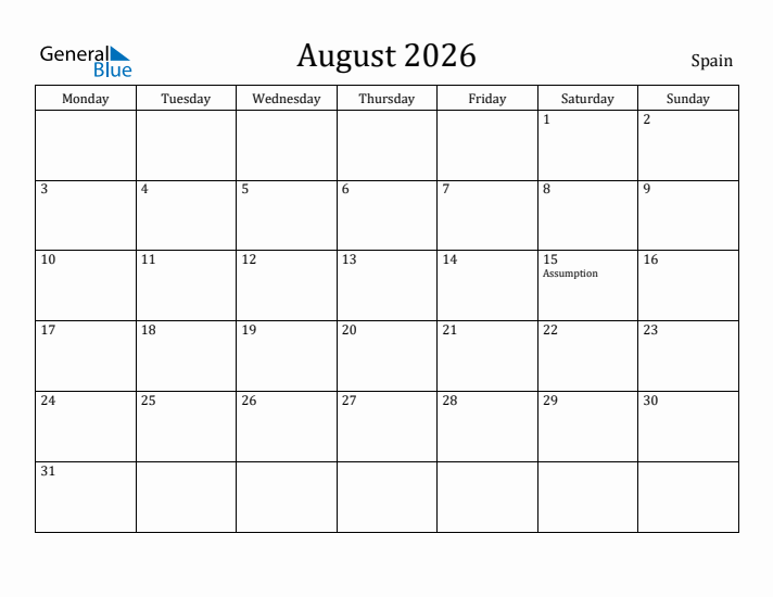 August 2026 Calendar Spain