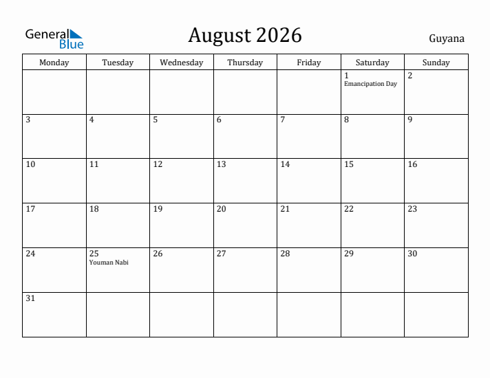 August 2026 Calendar Guyana