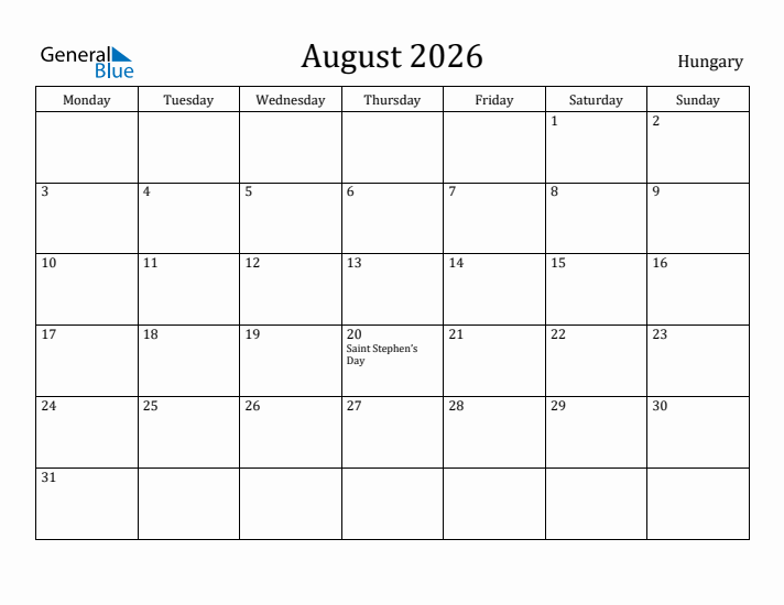 August 2026 Calendar Hungary