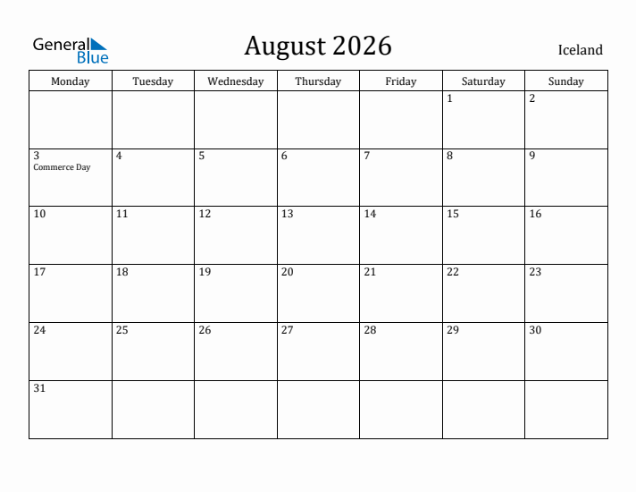 August 2026 Calendar Iceland