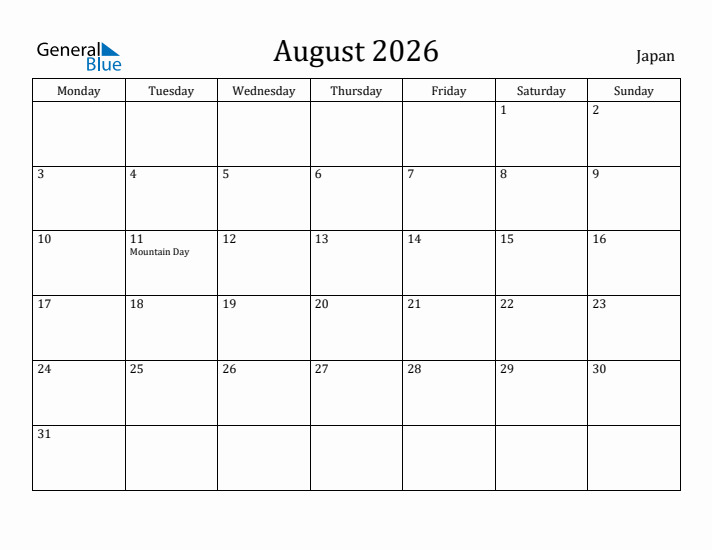 August 2026 Calendar Japan