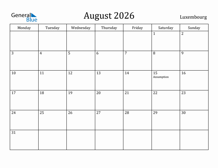 August 2026 Calendar Luxembourg