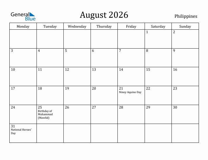 August 2026 Calendar Philippines