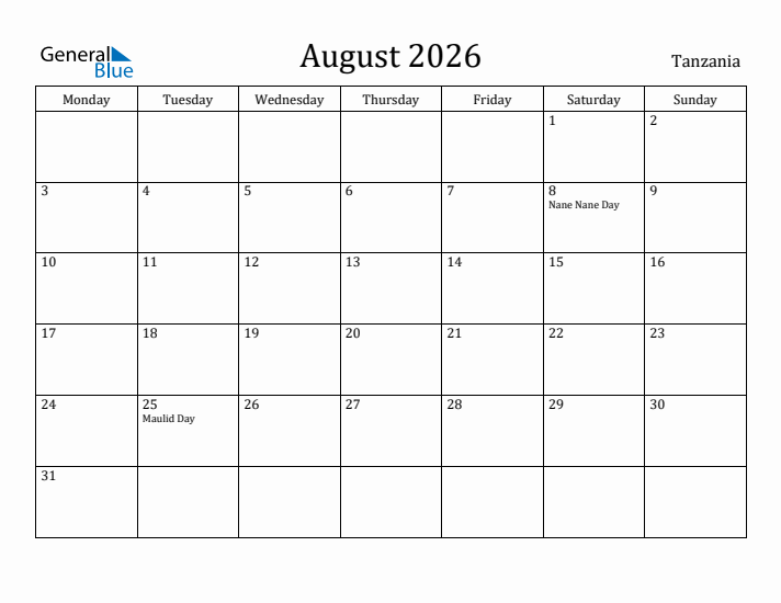 August 2026 Calendar Tanzania