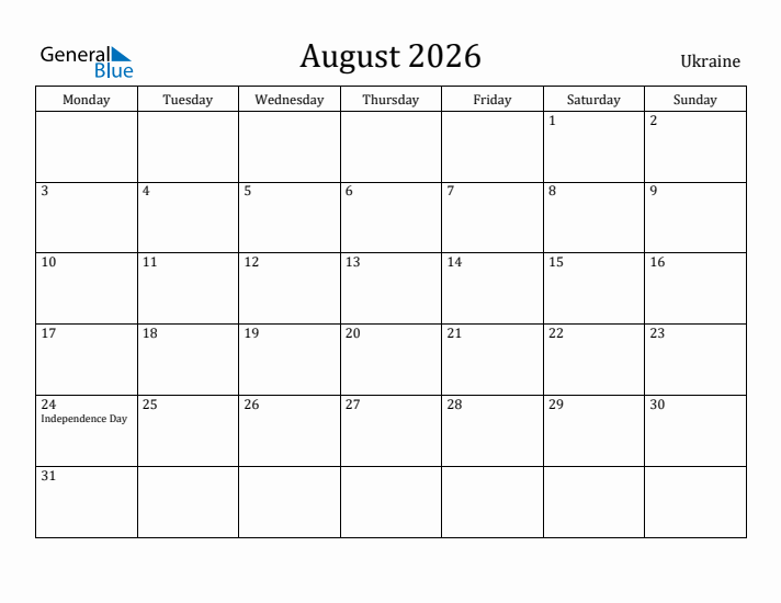 August 2026 Calendar Ukraine