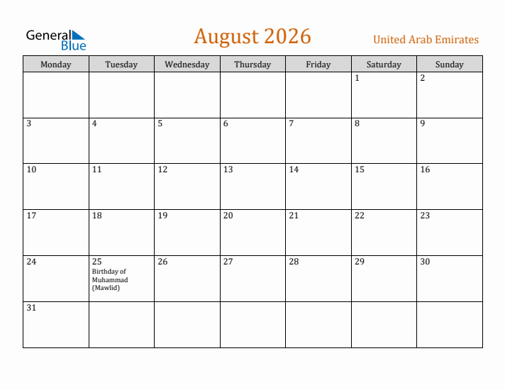 August 2026 Holiday Calendar with Monday Start