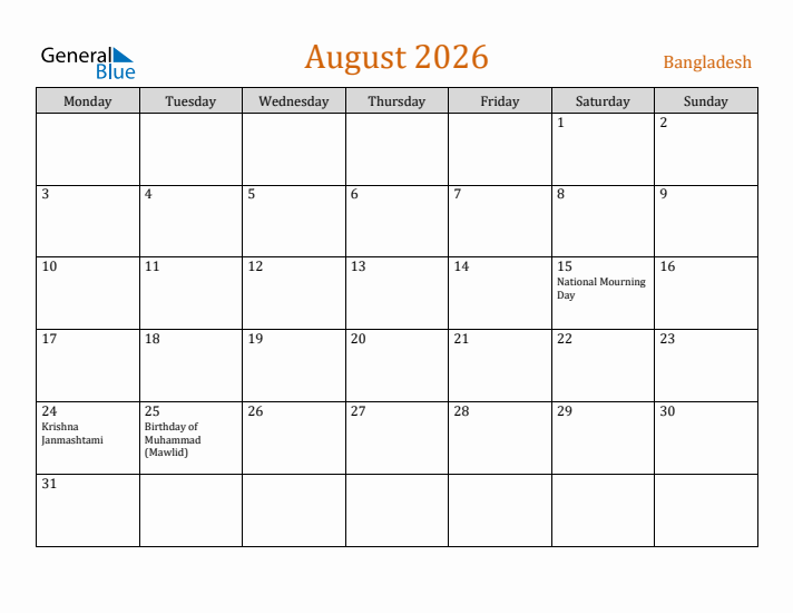 August 2026 Holiday Calendar with Monday Start