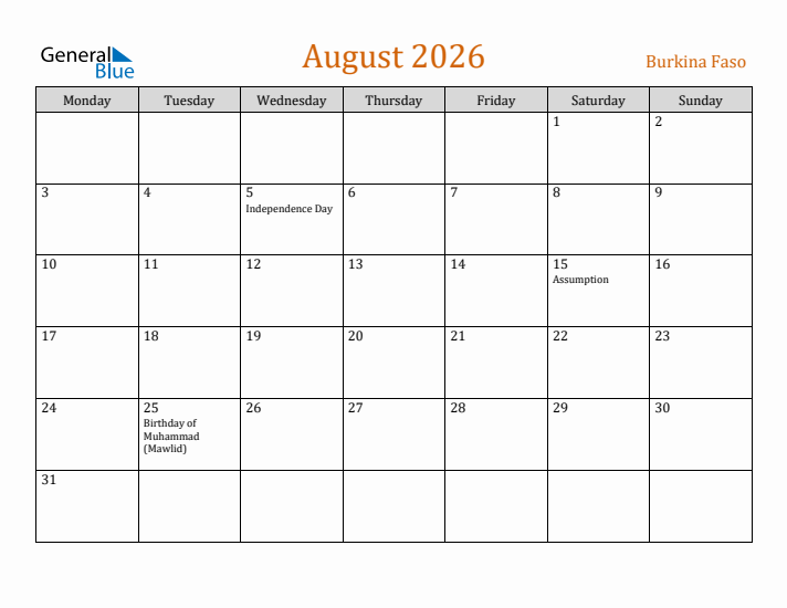 August 2026 Holiday Calendar with Monday Start